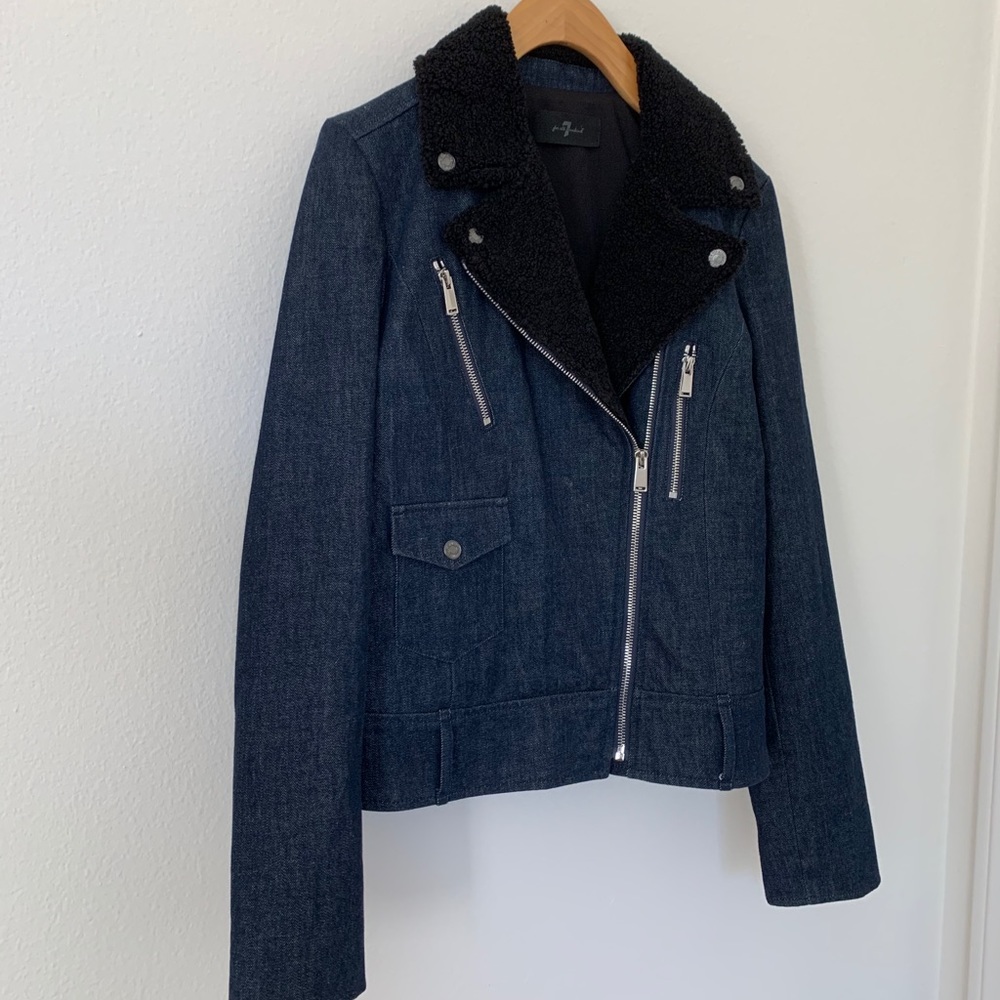 7 For All Mankind Denim Shearling Moto Jacket - Picture 3 of 11